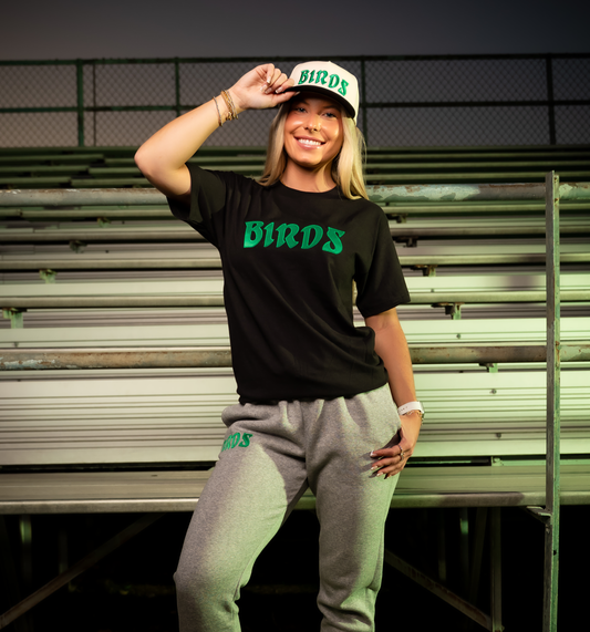 Black Retro Tee with Sewn-On BIRDS