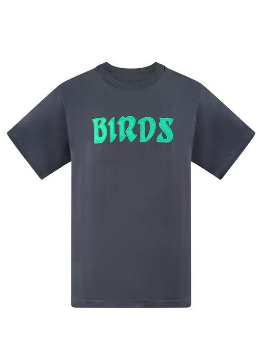 Black Retro Tee with Sewn-On BIRDS