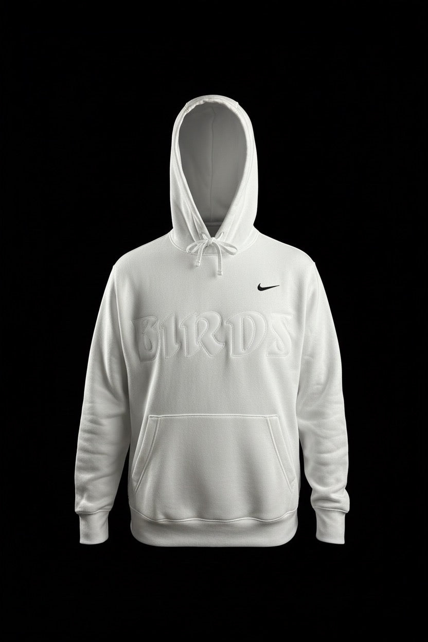 All White Retro Nike Hoodie with Sewn-On BIRDS