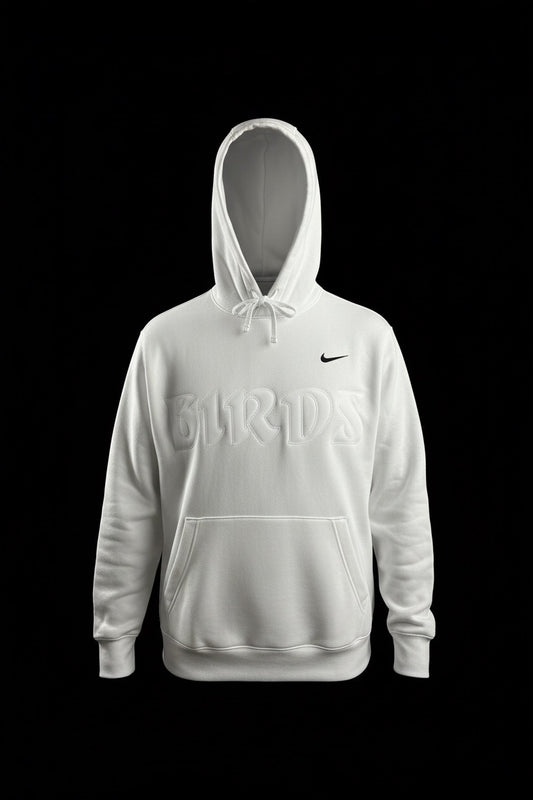 All White Retro Nike Hoodie with Sewn-On BIRDS