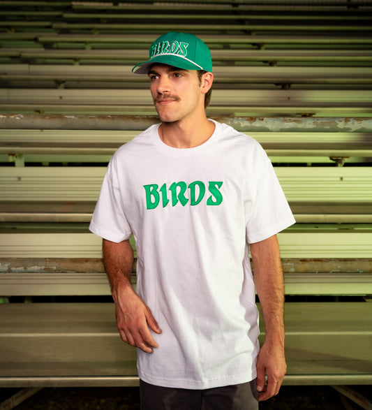 White Retro Tee with Sewn-On BIRDS